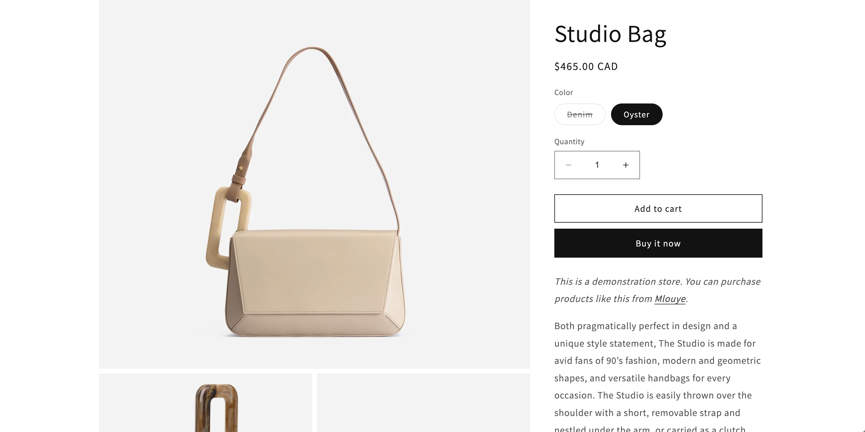 Picture of a bag on a website using Dawn theme which is one of the free shopify themes for clothing.